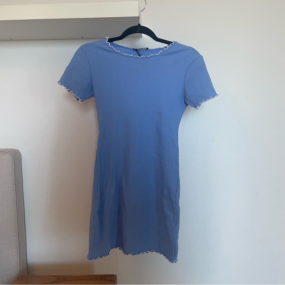 ZARA Blue Ribbed Dress with White Trim